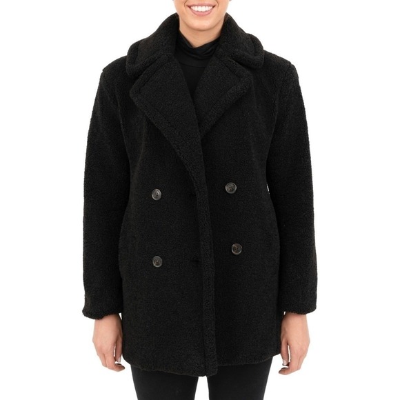 Kensie Jackets & Blazers - Kensie Womens Black‎ Faux Fur Teddy Coat Double Breasted Pockets Warm Winter NEW